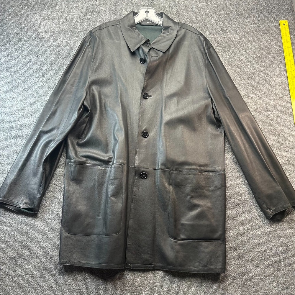 Barney's NY Genuine Leather Car Coat Mens 52 Black Long Sleeve Warm Button Front